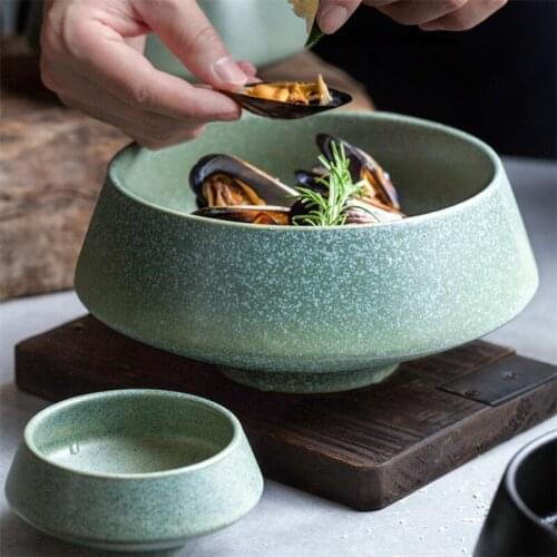 Ceramic Retro High Rice Bowl Household Restaurant Noodle Snack Soup Bowl Large Irregular Salad Vegetable Bowl Kitchen Tableware