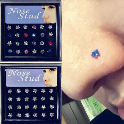 24pcs White Colorful Crystal Plum Blossom Flower Nose Ring Nose Pins Stainless Steel Piercing Nose Stud Body Jewelry With Box