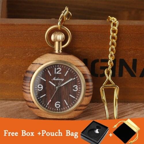 Open Face Brown Wood Quartz Pocket Watch Retro Pendant Clock Golden Steampunk Chain Luxury Pocket Watches Gifts with Box Bag