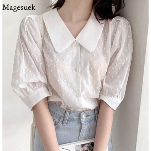 Summer Puff Short Sleeve Blouse Gentle White Loose Doll Collar Women Tops Korean New Three-dimensional Point Lapel Shirt 13948