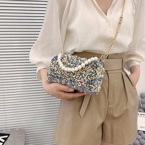 Women Small Handbags Fashion Sequined Small Square Bag Underarm Hand Bag Pearl Crossbody Bags Shoulder Bags