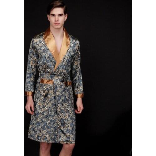 Mens Summer Silk Pajamas Medium Length Home Ice Robe Long Sleeve Home Wear Bath Robe Men