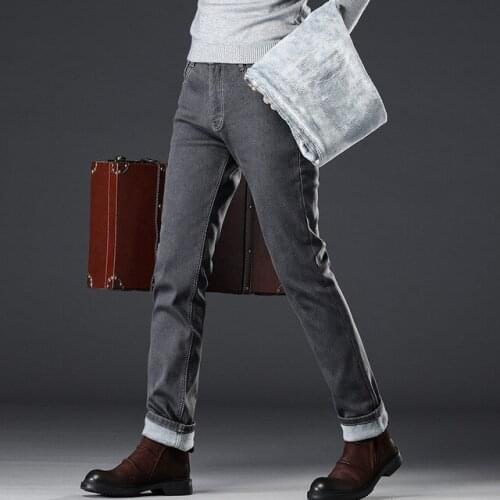 Men Winter Gray Jeans Fleece Thicken Warm Denim Jeans High Quality Men Stretch Slim Fit Casual Long Jeans Elastic Pants 40