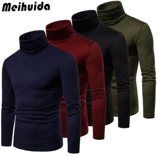 Hot Mens Fashion Turtleneck Knitted Sweater Casual Slim Fit Basic Top High Collar Pullover Male Roll Collar Autumn Winter Tops