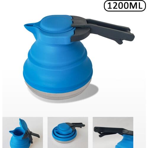 Outdoor portable silicone kettle Foldable Collapsible silicone kettle 1.2L 304 stainless steel bottom Food grade silicone