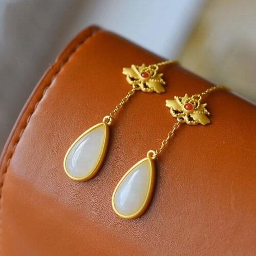 S925 Sterling Silver Vintage Water Drop Tassel Chinese Style Antique Eardrops Super Fairy Court Style Hanfu Natural Jade Earring