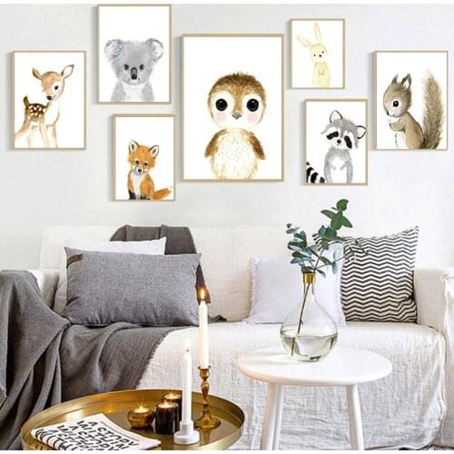 Self-adhesive Wall Stickers Rabbit Squirrel Nordic Posters Prints Wall Art Painting Nursery Wall Pictures Kids Room Decoration