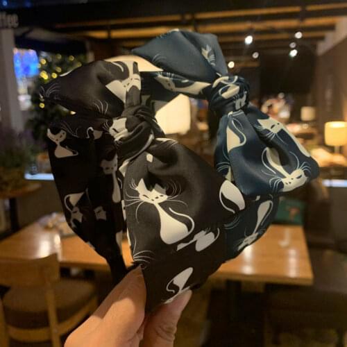 Cute Cat Print Bow Knotted Headband for Women Hair Accessories Head Band Adults Hairband Bow Party Headwear Wide Headband