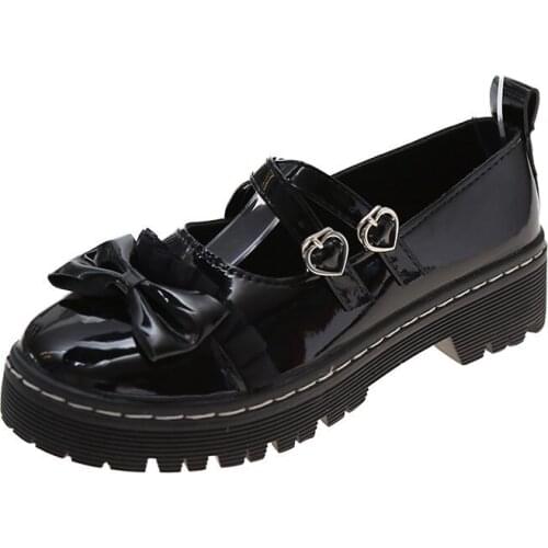 Cross-tied Platform Shoes Patent Leather Girls Shoes Bow Knot Mary Janes Shoes Women Lolita Shoes Rivet Casual Shoes Size 40