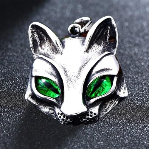 Stainless Steel Green Eyes Fox Cat Head Pendant Trend Men And Women Personality Cats Eye Stone Pendants