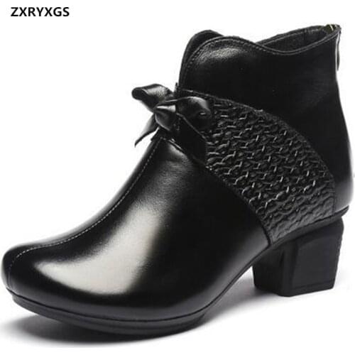 202 Autumn High Quality Cowhide Womens Boots Classic Retro Bow Winter Warm Boots Fashion Boots Non-slip Comfortable Tide Shoes