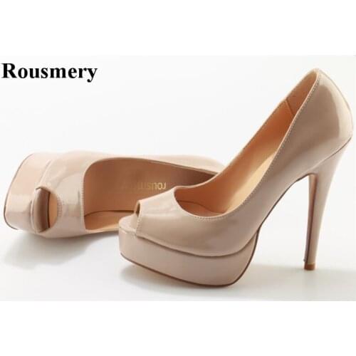Women Classical Design Open Toe Nude Patent Leather High Platform Pumps Formal Dress High Heels Wedding Shoes