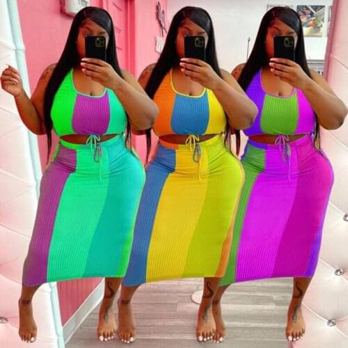 Big Plus Size 2 Piece Skirts Sets Women Contrast Color Sleeveless Crop Tops & Bodycon Pencil Skirts Two Piece Outfit Suit 4XL
