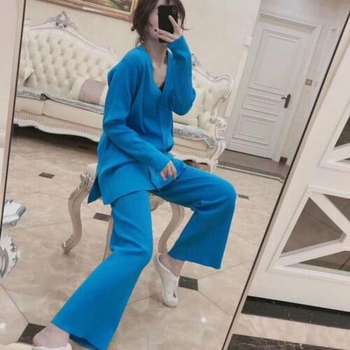 Women Knitted Tracksuit V-neck Sweater Casual Suit 2020 Spring Autumn Button Jacket Tops 2 Piece Set Knit Pants Femme Clothing