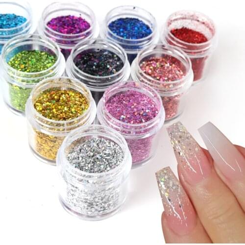 10 Colors Holographic Nail Glitter Powder Laser Mixed Size Hexagonal Sequin Pigment for DIY Polish Nail Art Design Decoration