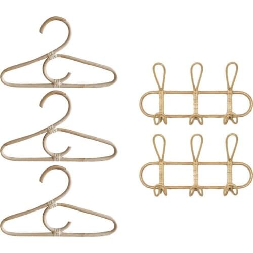 3Pcs Rattan Clothes Hanger Style Kids Garments Organizer Rack with 2Pcs Rattan Wall Hooks Clothes Hat Hanging Hook