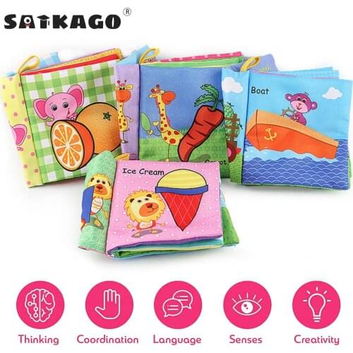 Satkago 4PCS Nontoxic Soft Fabric Cloth Books Early Educational Toys with Squeaker Crinkle Paper for Babies Infants Toddler