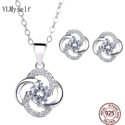 Real Solid 925 Silver Necklace & Earrings Set Setting Shiny Round Zircon Luxury 2pcs Fine Jewelry for Women