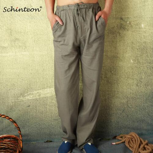 Summer Men Cotton Linen Casual Pants Loose Thin Elastic Waist Trousers M-3XL Army Green Fast Shipping
