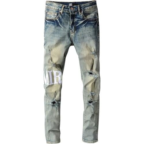 Punk Jeans Ripped Pants Pantalon Homme Jeans For Men Retro Old Street Fashion Mens Ripped Letter Jeans Men Motorcycle Pants Men