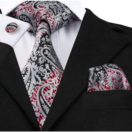 Hi-Tie Black Silver Blue Floral Tie Hanky Cufflinks Sets Mens 100% Silk Ties for men Formal Wedding Party Groom