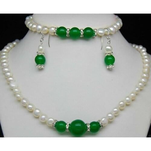 Natural 7-8mm White Pearl & Green Jade Gems Necklace Bracelet Earring Set