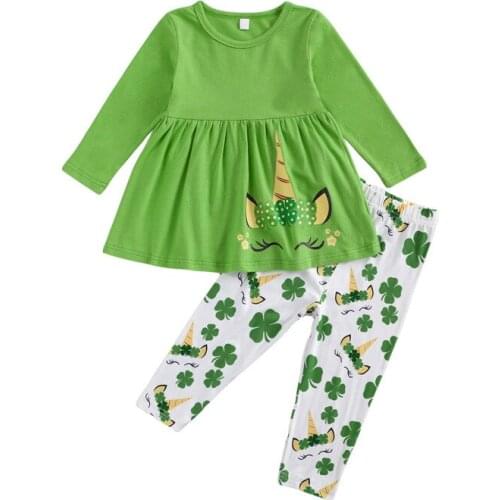 St. Patricks Day Girl’s 2Pcs Clothes Set Green Long Sleeve Ruffle Dress Tops+Clover Printed Elastic Long Pants Spring Clothing