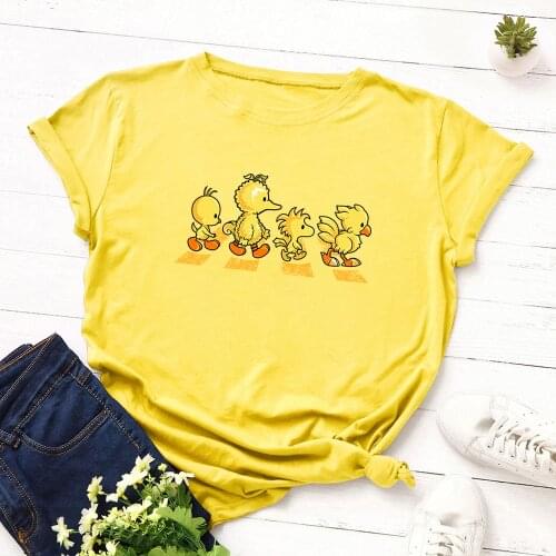 Summer Yellow Ducks Print Women T-shirt Solid O-Neck Female T Shirt Casual Harajuku Tops Girl Tee Camiseta Mujer