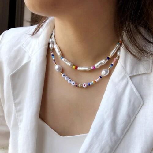 Cute LOVE Letter Rainbow Beads Pearl Choker Necklace SUMENG 2021 Female Bohemian Fashion Party Jewelry for Women Gir Gift AM3077