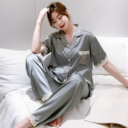 Faux Silk Pajamas Set Spring Summer Sleepwear Women Casual Short sleeveTrousers Ice Silk Turn-down Collar Female Pajamas