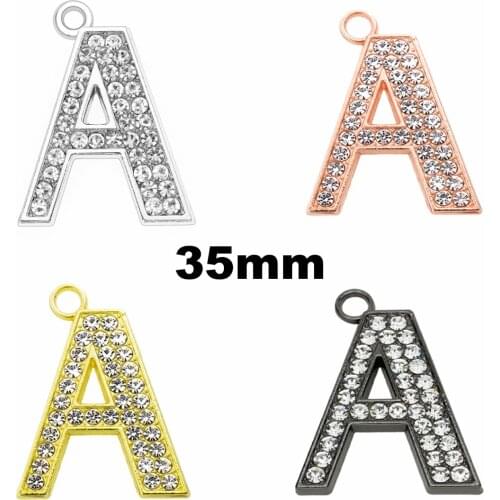 35mm Crystal Hang Letter Necklace Pendant Charms For Women Jewelry Making Rose Gold Black Alphabet A-Z DIY Pet Collar Keychain