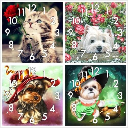 Dpsprue Full Diamond Painting Cross Stitch With Clock Mechanism Mosaic 5D Diy Square Round Animal Dog 3d Embroidery Gift HG280
