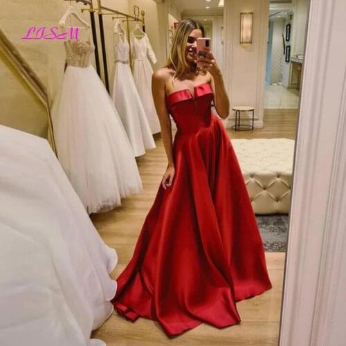 Simple Red Satin Evening Dress A-Line Strapless Long Prom Gowns Plus Size 2021 Floor Length Custom Special Occasion Dress