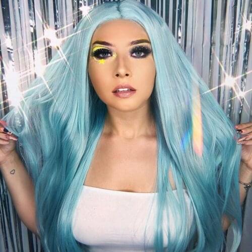 Light Blue Long Straight Synthetic Lace Wig T Middle Parting Wig Daily for Women Spring Make Up Cosplay Party Heat Resistant