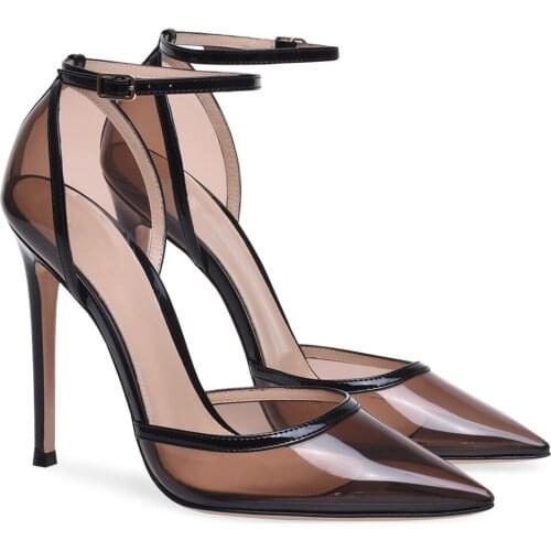 Fashion Black PVC Pumps Women Ankle Strap Transparent Sandals Stiletto Hig-heeled Pointed Toe Shoes Summer Ladies High Heels
