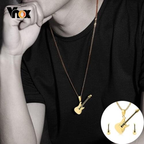 Vnox Stylish Guitar Shape Pendant Earrings Jewelry Set for Men Punk Instrument Stud Earrings Rock Accessory