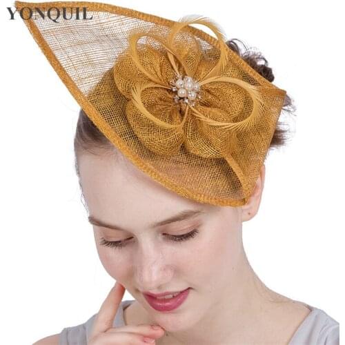 Kentucky Sinamay Fascinators Gold Feather Derby Formal Occasion Church Hats Women Bridal Wedding Headpieces New Arrival 21Colors