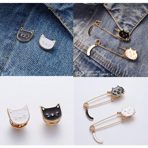 High Quality Mini Cute Black and White Cat Animal Brooch Pin Gold Color Fashion Dress Decoration Enamel Badge Pin Button Jewelry