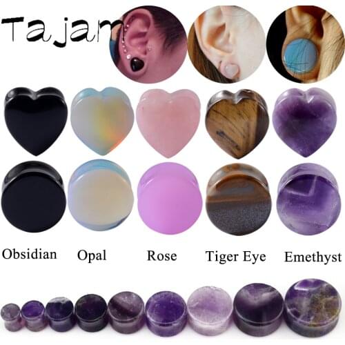 2PCS 6-16mm Heart Ear Plugs Stone Amethyst Gauge Earring Flesh Tunnel Rose Quartz Obsidian Opal Ears Expander Body Piercing