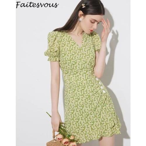 Green Daisy Floral Mini Dress Women French Vintage Puff Sleeve Chiffon Dress Female 2021 New Spring Summer