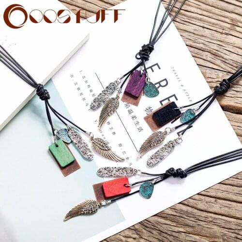Feather Wooden Pendants Long Necklace for Women Jewelry Handmade necklaces & pendants collares Choker Suspension Rope Chain 2021