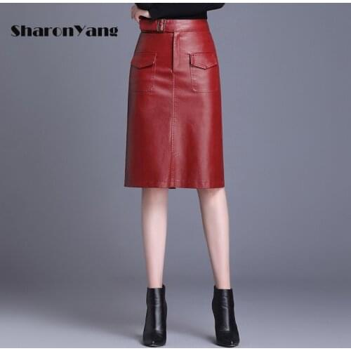 Leather Skirt Women 2021 New Spring Autumn Straightshort Skirt Solid Color Casual PU Leather Knee Length Skirt Ladies Plus Size