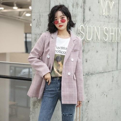 Spring autumn new Vintage double-breasted plaid suits Women Work Outwear Office Lady plaid Pink suit jacket female slim Blazer