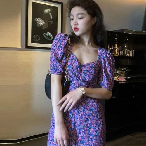 Summer Dress Women Retro Drawstring Back Hollow Out Floral Print Long Dress Female Elegant Folds High Waist Fashion Dress BC122