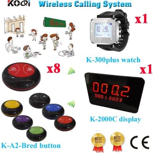 Wireless Remote Table Bell System Guest Call Service 433.92MHZ Transmitter Full Equipment CE(1 display+1 watch+8 call button)