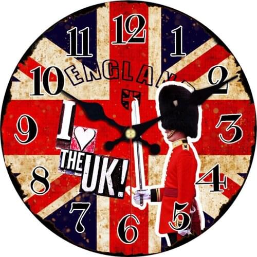 Wooden Wall Clock UK British Flag Union Jack Clock Retro Vintage Large Clock London Street Old Car Silent Round Clock 14 Inch