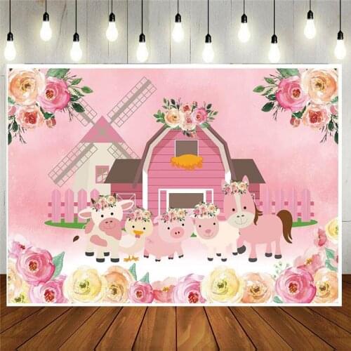 Cartoon Farm Animals Party Backdrop Pink Barn Floral Girl Baby Shower Birthday Photography Background Flower Scenic Decoration