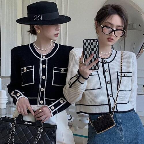 Korean Elegant Cardigan Women Autumn Winter Long Sleeve Color Contrast Knitted Cardigans Tops Sweaters pull femme jersey mujer