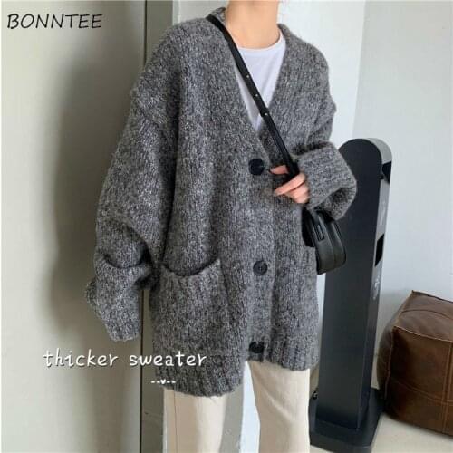 Cardigan Women Retro V-neck Chic All-match Single Breasted Ladies Winter Clothes Vintage Korean Fashion College Girls Knitwear