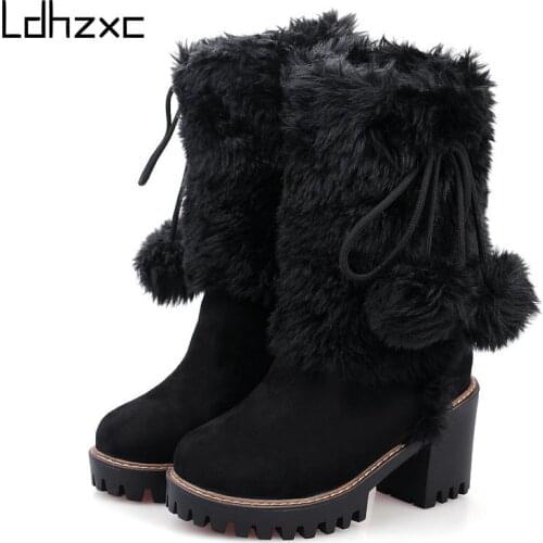 LDHZXC Women Boots Round Toe Platform Thick High Heel Mid-Calf Boots Woman Fashion Slip-on Chelsea Booties Autumn Winter 42 43